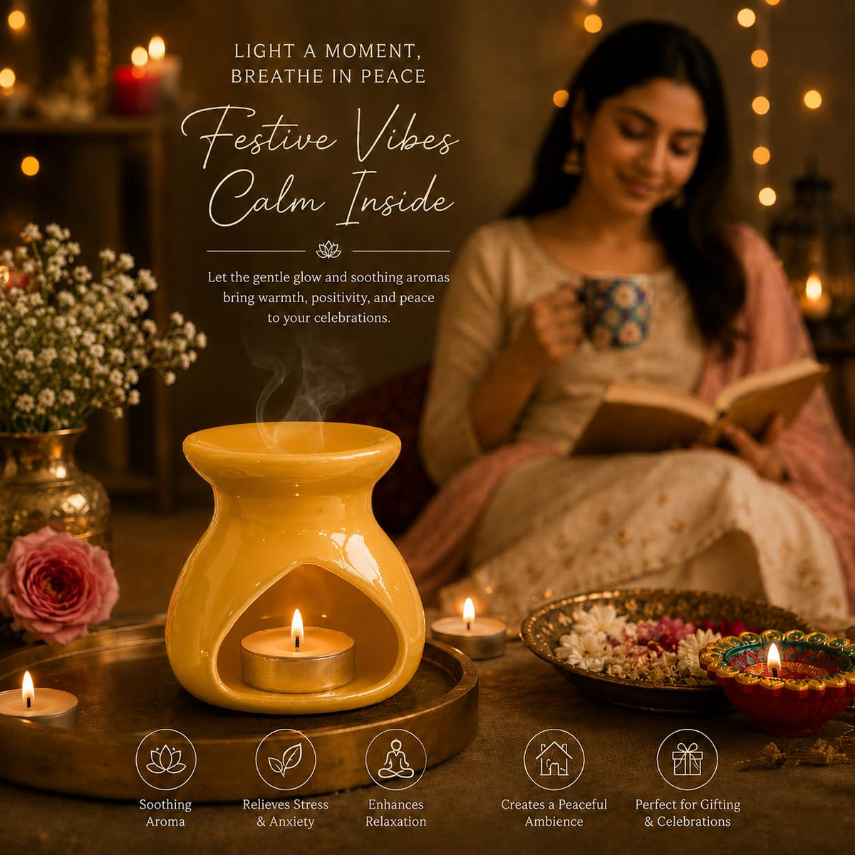Pure Source India Diwali Pooja Gift Set with Roli Kumkum & Ghee Wicks Complete Diwali pooja and gifting combo (Yellow)