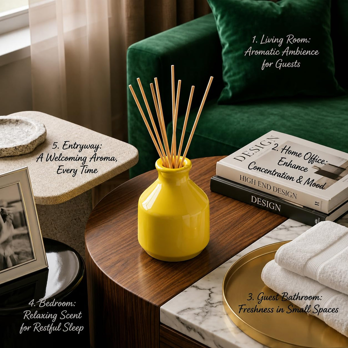 Pure Source India Elegant Ceramic Reed Diffuser Pot (Yellow) – Decorative Aroma Diffuser Vase for Living Rooms, bedrooms, bathrooms, Offices, and entryways (Yellow)