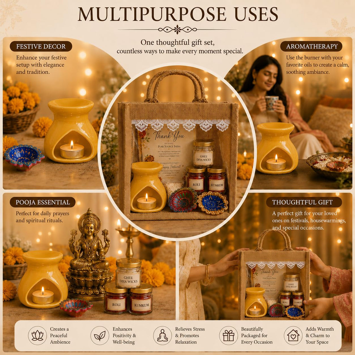 Pure Source India Diwali Pooja Gift Set with Roli Kumkum & Ghee Wicks Complete Diwali pooja and gifting combo (Yellow)