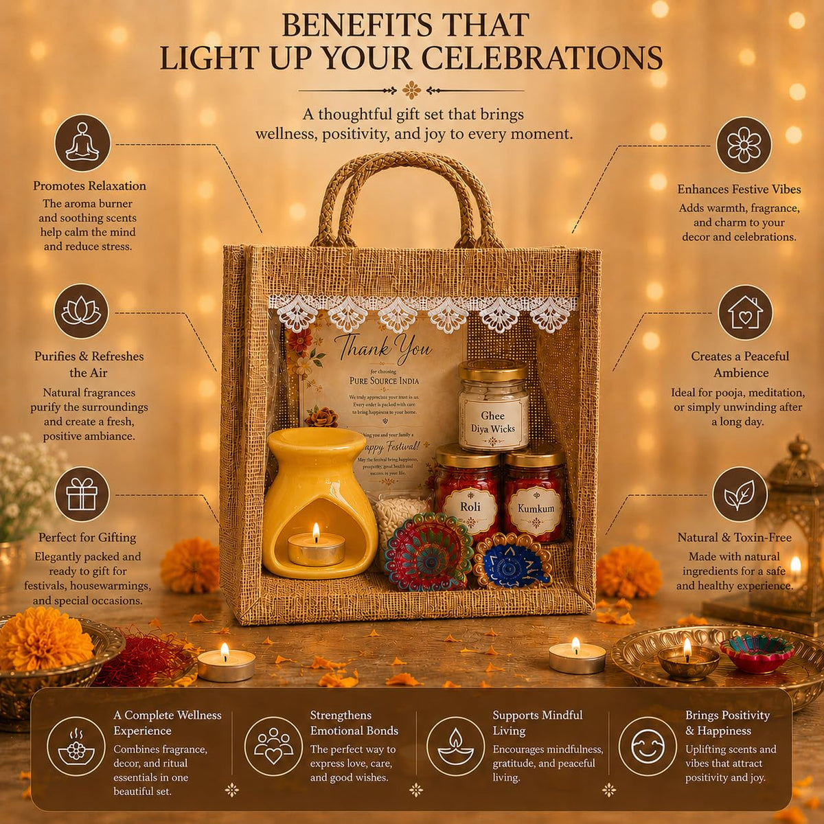 Pure Source India Diwali Pooja Gift Set with Roli Kumkum & Ghee Wicks Complete Diwali pooja and gifting combo (Yellow)