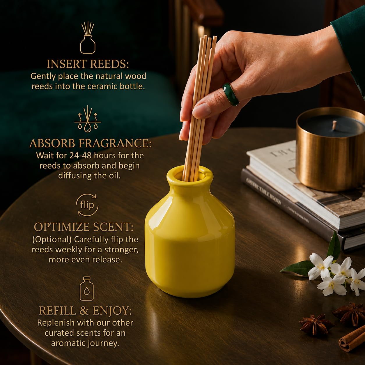 Pure Source India Elegant Ceramic Reed Diffuser Pot (Yellow) – Decorative Aroma Diffuser Vase for Living Rooms, bedrooms, bathrooms, Offices, and entryways (Yellow)