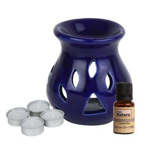 Pure Source India Ceramic Regular 10 Ml Lavender Aroma and 4 Tea Light Candle (Dark Blue, Oil Burner Set)