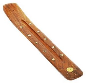 Pure Source India Wooden Incense Holder 10 Inch Long Brass Inlay Sun Design