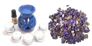 Pure Source India Ceramic Oil Diffuser Combo Set with 12 Pcs Candles, 50 Grams Potpourri and 10 ML Lavender, Use It in Home/Offi