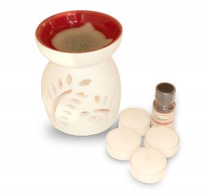 Pure Source India Ceramic Aroma with Top Bowl Red Burner, 10 ml Rose Aroma Oil and 4 Tea Light Candle (White)