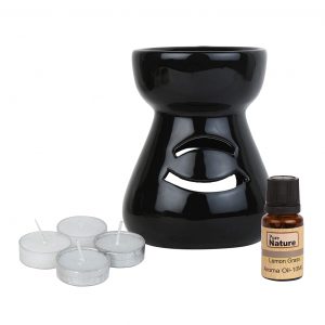 Pure Source India Ceramic Premium Quality Black Color Aroma Burner with 10 ML Lemon Grass Aroma Oil and 4 Tea Light Candle