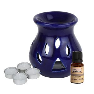 Pure Source India Ceramic Oil Burner Dark Blue Color with 10 ML Lavender Aroma and 4 Tea Light Candle (Oil Burner Set)
