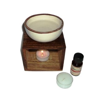 Pure Source India Wooden Base and Ceramic Top Aroma Burner with 10 Ml Night Queen Aroma Oil and 4 Tea Light Candle