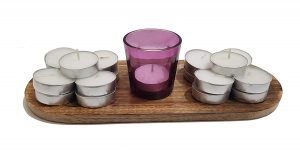 Pure Source India Votive Holder, with Wooden Tray, and Tealight Candles, Set of 10- Purple