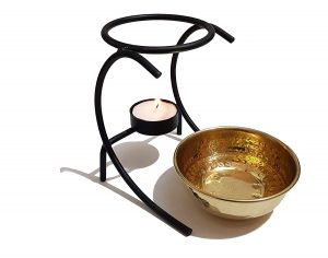 Pure Source India Oil Diffuser Set with Metal Powder Coated Stand and Pure Brass Bowl with 1 Tea Light and 10 ML Rose Aroma