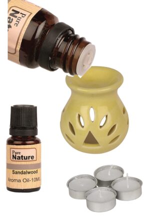 Pure Source India Ceramic Aroma Burner Regular Yellow Color with 10 ML Sandal Wood Aroma Oil and 4 Tea Light Candle (Oil Burner