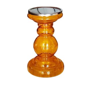 Pure Source India Round Decorative Glass Pillar Candle Holder, 8.5 inch, 1 Piece, Yellow