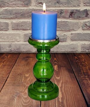 Pure Source India Round Decorative Glass Pillar Candle Holder, 8.5 inch, 1 Piece, Green