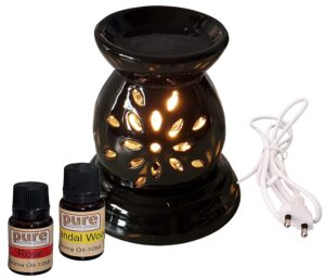 Pure Source India Ceramic Electric Aroma Diffuser Matka Shape Burner with Bulb (Black - with 10 ml Sandalwood and Rose Aroma Oil)