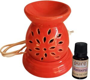 Pure Source India Ceramic Electric Aroma Diffuser Matka Shape Burner with Bulb (Red- with 10 ml Relaxing Aroma Oil