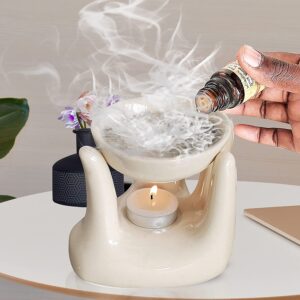 Pure Source India Ceramic Hand Type Aroma Diffuser Oil Burner with Rose Oil 10ml (Ivory White)