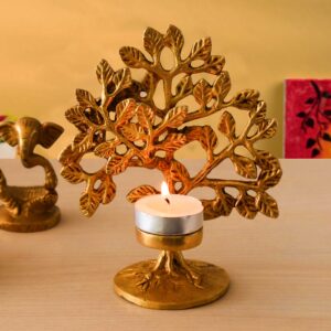 Pure Source India Pure Brass 5.75 Inches Bodhi Tree Tea Light Holder, Kalpvriksha Tree, Antique (Gold) (502gm)
