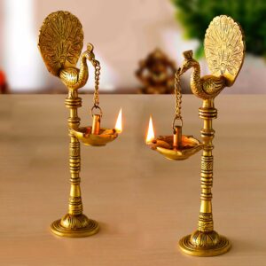 Pure Source India Pure Brass Peacock Oil Diya Lamp (9.5 Inch) Peacock Design Decorative Antique Deepak Stand for Diwali Puja, Home Décor Gift-460gm (Set of 2)