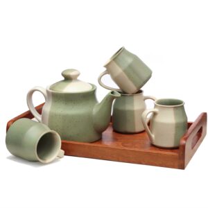 Pure Source India Ceramic Tea Cup Set with Kettle & Serving Tray 4 Cups (200ml), 1 Kettle(700ml), 1 Tray (6 Piece Set) Ideal for Gifting's and Daily Use