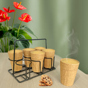 Pure Source India Ceramic Matte Finish Cutting Chai Tea Glasses with Iron Holder (120ml) (Matt Mustered Yellow)