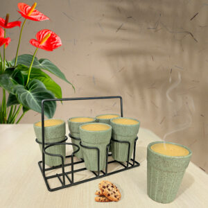 Pure Source India Pack of 6 Ceramic Matte Finish Cutting Chai Tea Glasses with Iron Holder (120ml) (Matte Sea Green)