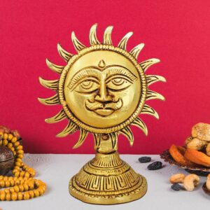 Pure Source India Pure Brass Sun Idol Smiling Face Surya Murti (3.9 Inch) with Stand (184gm)