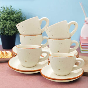 Pure Source India Ceramic Natural White Dotted Tea Cup and Saucer for Serving Tea, Espresso, or Herbal infusions (Capacity-75 ml) (6 PCS)