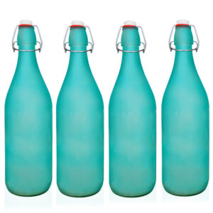 Pure Source India Frosted Glass Flip Cap Bottle 1000ml Leak Proof, Airtight & Reusable (SKY BLUE) (4 PCS)