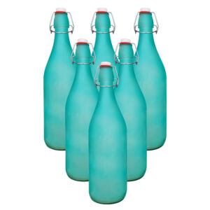 Pure Source India Frosted Glass Flip Cap Bottle 1000ml Leak Proof, Airtight & Reusable (SKY BLUE) (6 PCS)