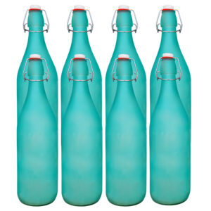 Pure Source India Frosted Glass Flip Cap Bottle 1000ml Leak Proof, Airtight & Reusable (SKY BLUE) (8 PCS)