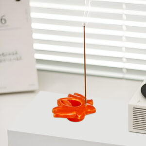 Pure Source India Ceramic Lotus Shape Incense Holder for Temple, Office & Home Decor (2.7 Inch) (Orange)