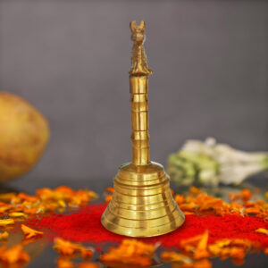 Pure Source India Pure Brass 5.5 Inch Nandi Design Brass Pooja Hand Bell, Ghanti for Pooja Aarti, Home & Temple (264gm)