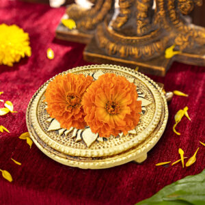 Pure Source India Pure Brass Lotus Design Pooja Mandir Chowki (Round) Peetha - Puja Articles (8 CM)-194gm