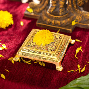 Pure Source India Pure Brass Lotus Design Pooja Mandir Chowki (Square) Peetha - Puja Articles (7.5 CM)-230gm