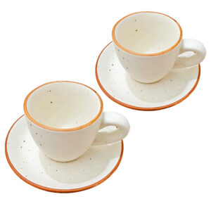 Pure Source India Ceramic Natural White Dotted Tea Cup and Saucer for Serving Tea, Espresso, or Herbal infusions (Capacity-75 ml) (2 PCS)