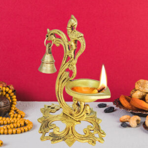 Pure Source India Pure Brass Peacock Hanging Bell Deepak Peacock Oil Lamp (7 Inch) Brass Diya for Home, Office, Living Room, Temple (644gm)