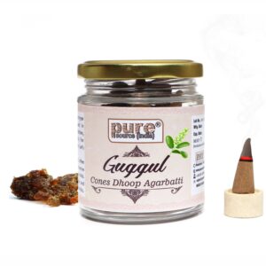 Pure Source India Pack of 50 Natural Dhoop Cones with 50gm Glass Jar| Organic Cones | Dhoop Cones for Pooja (Fragrance-Guggul)