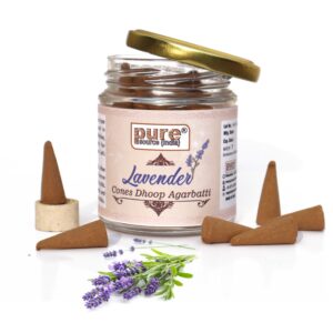 Pure Source India Pack of 50 Natural Dhoop Cones with 50gm Glass Jar| Organic Cones | Dhoop Cones for Pooja (Fragrance-Lavender)