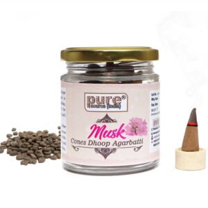 Pure Source India Pack of 50 Natural Dhoop Cones with 50gm Glass Jar| Organic Cones | Dhoop Cones for Pooja (Fragrance-Musk)
