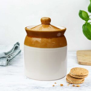 Pure Source India Ceramic Ivory & Brown Pickle Jar with Lid | Achar Barni | Containers for Pickles, Spices, Chutneys, and Sauces Storage (850ml) (1 PCS)