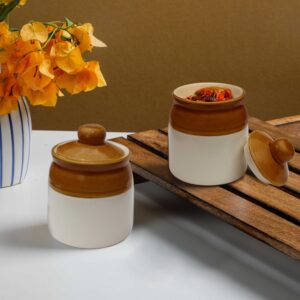 Pure Source India Ceramic Ivory & Brown Pickle Jar with Lid | Achar Barni | Containers for Pickles, Spices, Chutneys, and Sauces Storage (250ml- 2 PCS)