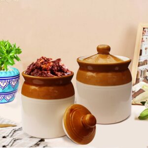 Pure Source India Ceramic Ivory & Brown Pickle Jar with Lid | Achar Barni | Containers for Pickles, Spices, Chutneys, and Sauces Storage (850ml) (2 PCS)