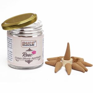 Pure Source India Pack of 50 Natural Dhoop Cones with 50gm Glass Jar| Organic Cones | Dhoop Cones for Pooja (Fragrance-Rose)