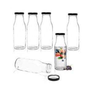 Pure Source India Milk, Water And Juice Glass Bottle With Air Tight Black Cap - 300 Ml (Transparent) (8 Pcs)