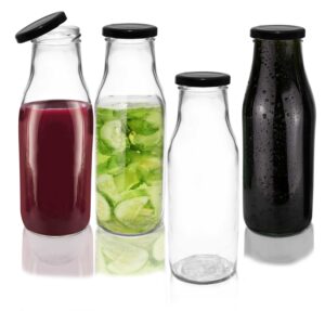 Pure Source India Milk, Water And Juice Glass Bottle With Air Tight Black Cap - 500 Ml (Transparent) (4 pcs)