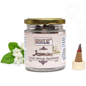 Pure Source India Pack of 50 Natural Dhoop Cones with 50gm Glass Jar| Organic Cones | Dhoop Cones for Pooja (Fragrance-Jasmine)