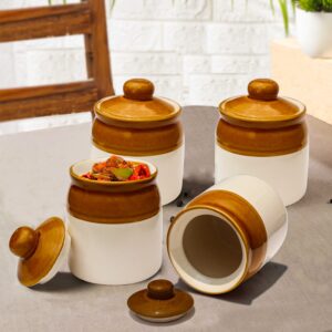 Pure Source India Ceramic Ivory & Brown Pickle Jar with Lid | Achar Barni | Containers for Pickles, Spices, Chutneys, and Sauces Storage (250ml- 4 PCS)