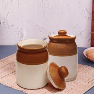 Pure Source India Ceramic Ivory & Brown Pickle Jar with Lid | Achar Barni | Containers for Pickles, Spices, Chutneys, and Sauces Storage (450ml-2PCS)