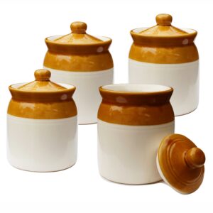 Pure Source India Ceramic Ivory & Brown Pickle Jar with Lid | Achar Barni | Containers for Pickles, Spices, Chutneys, and Sauces Storage (850ml) (4 PCS)