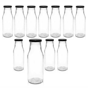 Pure Source India Milk, Water And Juice Glass Bottle With Air Tight Black Cap - 500 Ml (Transparent) (10 Pcs)